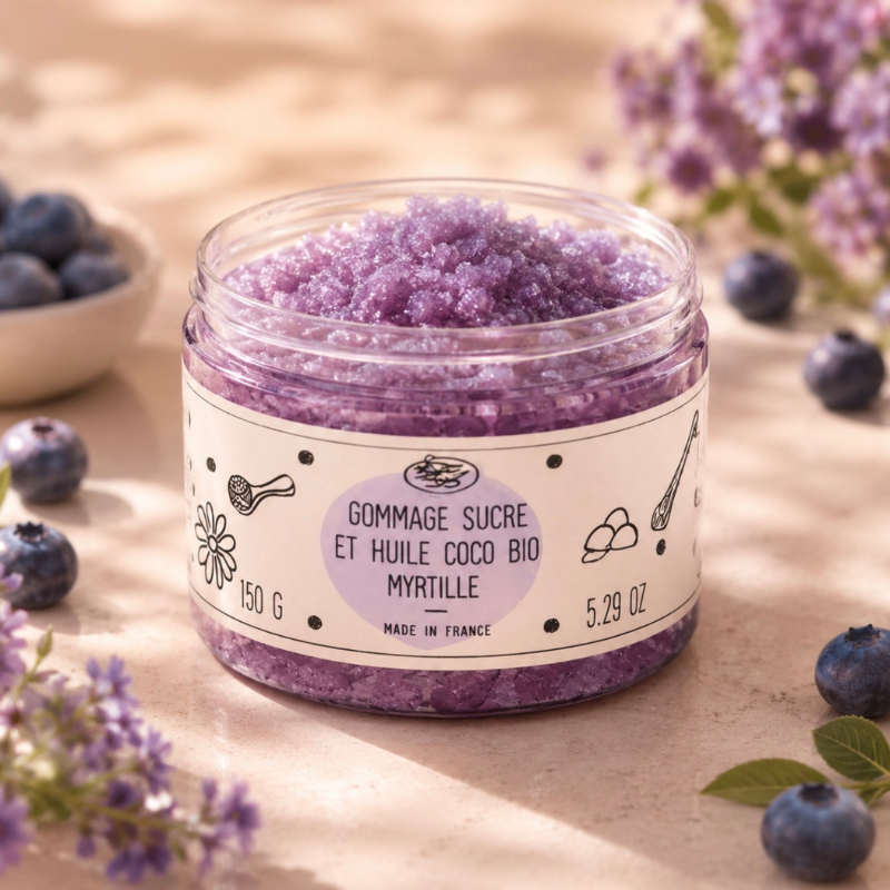 Gommage corporel au sucre à l'huile de coco Bio Myrtille