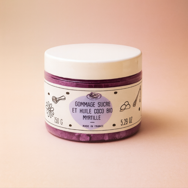 Gommage corporel au sucre à l'huile de coco Bio Myrtille